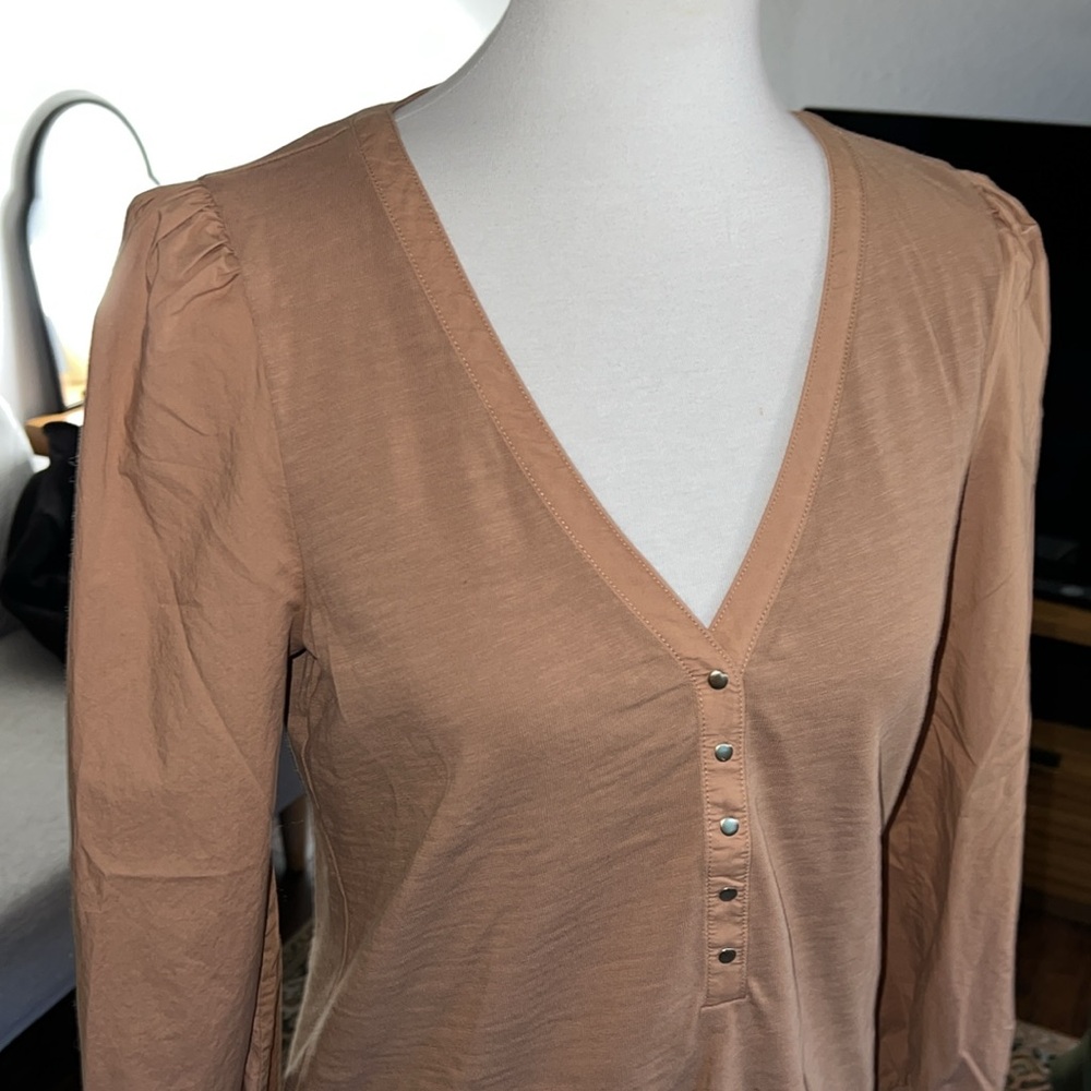 Nation LTD Tan Long-Sleeve V-Neck Henley Ivy Top M